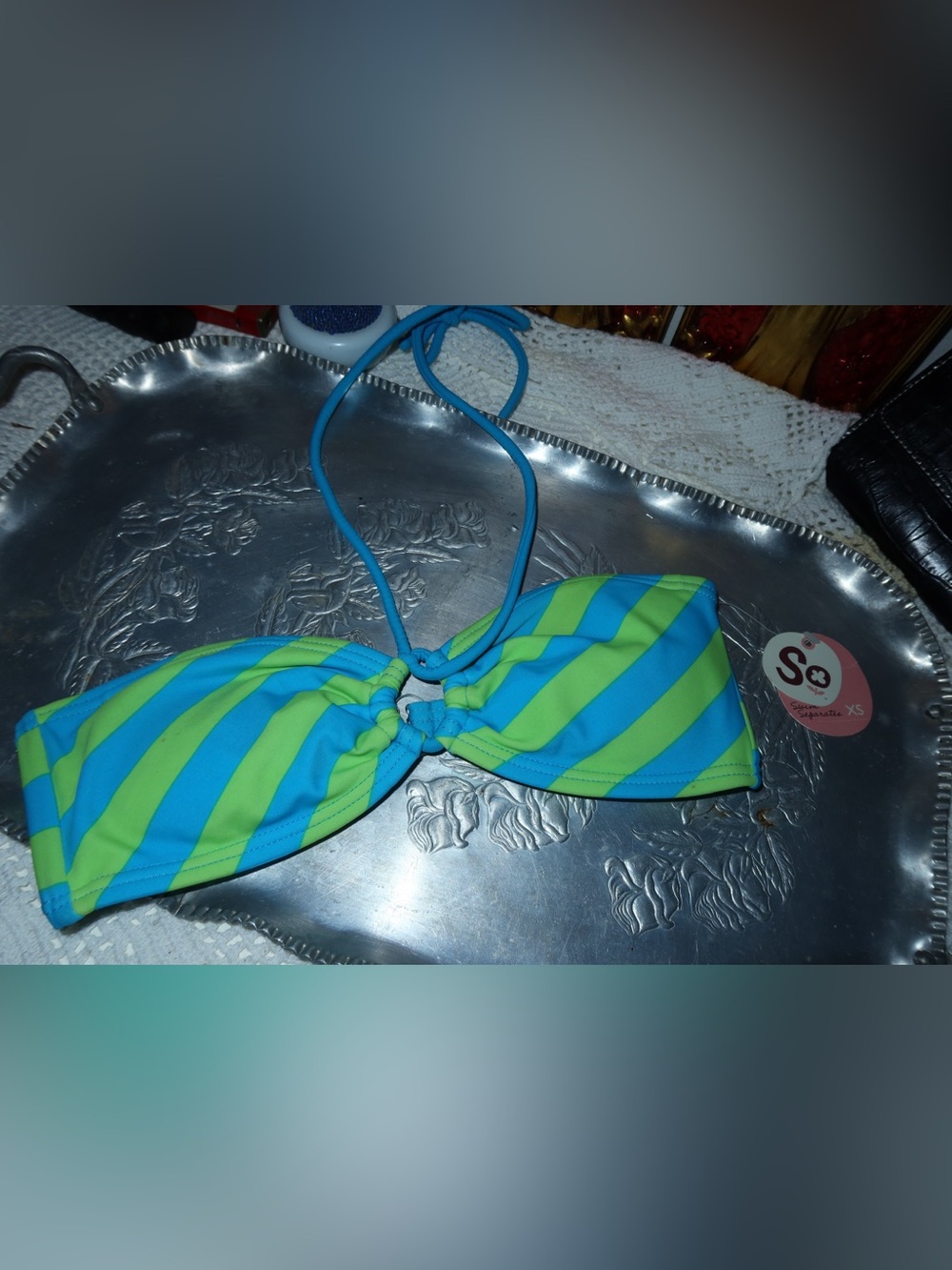SO Blue and Lime Green Striped Bikini Top